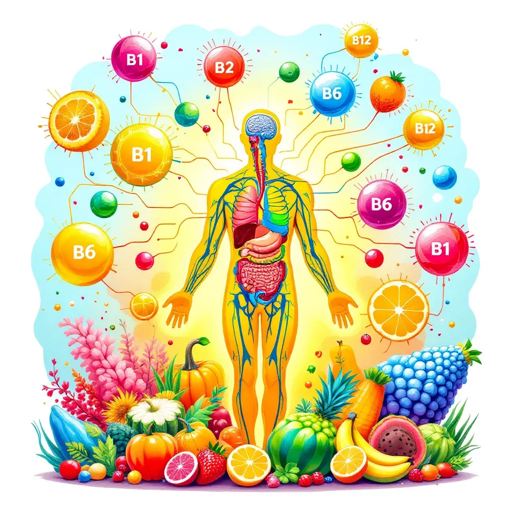 Ilustração de uma figura humana com o cérebro e os órgãos à mostra, ligada por linhas finas a esferas coloridas marcadas B1, B2, B6 e B12 e a fatias de laranja, sobre um monte de frutas, hortaliças e flores