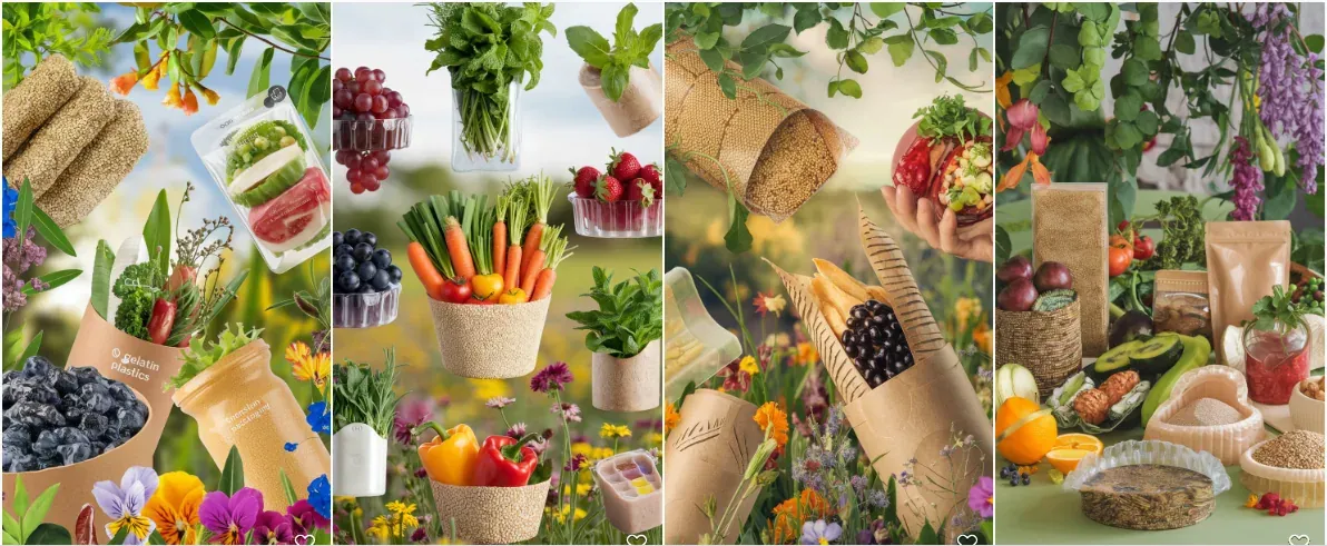 Montagem de quatro painéis com frutas, legumes, verduras, ervas e grãos guardados em embalagens de aparência natural, como sacos e cones de papel kraft, cestos de fibra trançada, potes de textura granulada e bandejas transparentes, entre flores do campo
