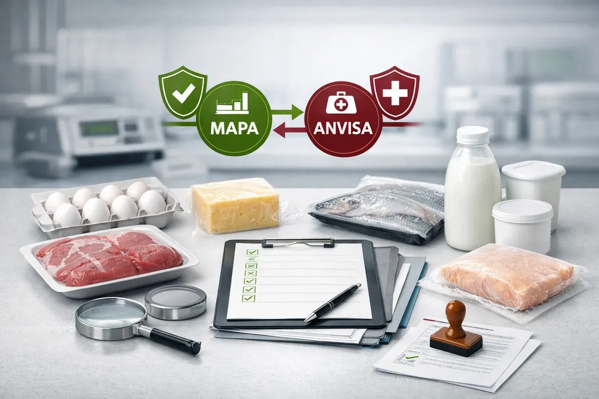 Ovos, queijo, leite, peixe e carnes embalados numa bancada com prancheta, lupa e carimbo, sob os ícones do MAPA e da ANVISA