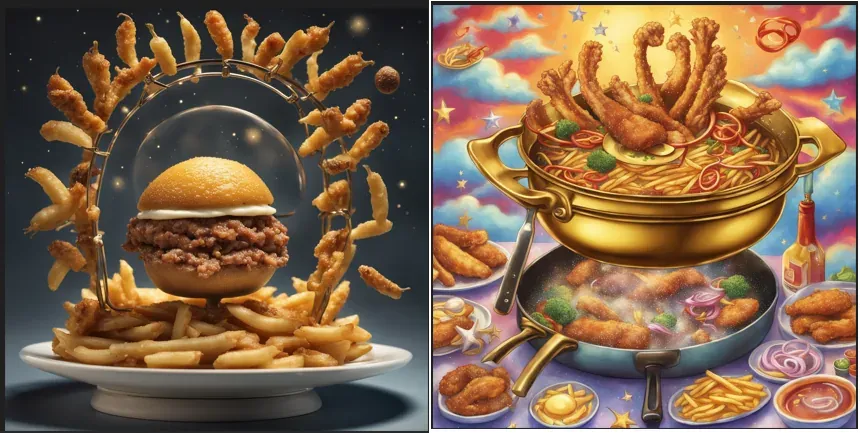 Duas ilustrações lado a lado: à esquerda, um hambúrguer à frente de uma esfera transparente, dentro de um arco de metal com tiras fritas presas a ele e soltas no ar, sobre um prato de batatas fritas, num fundo escuro estrelado; à direita, uma panela dourada com pedaços fritos, macarrão, brócolis e cebola roxa, acima de uma frigideira com alimentos fritando no vapor, cercada de pratos de empanados, batata frita e cebola, de tigelas de molho e de um frasco de molho, sob um céu colorido com nuvens e estrelas