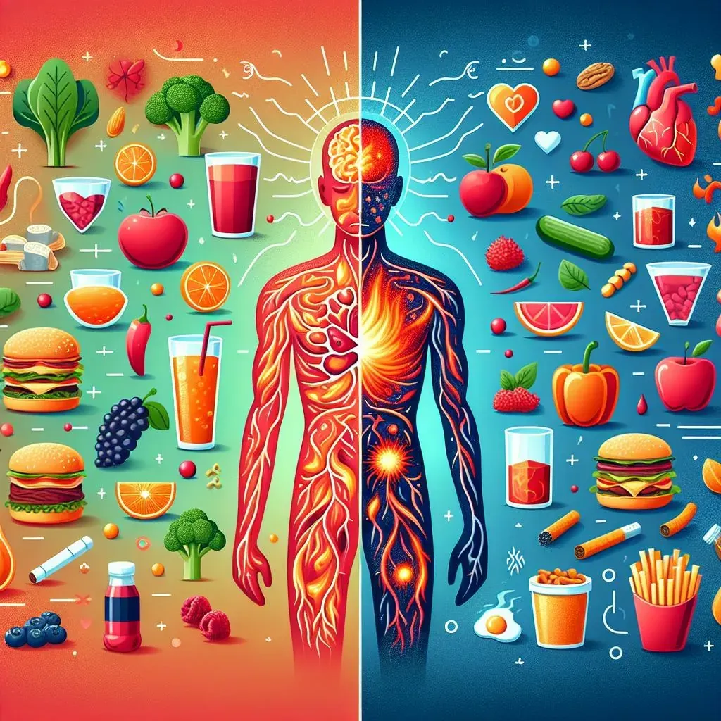 Ilustração de uma figura humana dividida ao meio, uma metade vermelha e a outra azul-escura, com veias e focos de fogo pelo corpo, entre frutas, hortaliças, copos de suco, hambúrgueres, batata frita, cigarros e um coração anatômico, sobre fundo vermelho e verde de um lado e azul do outro