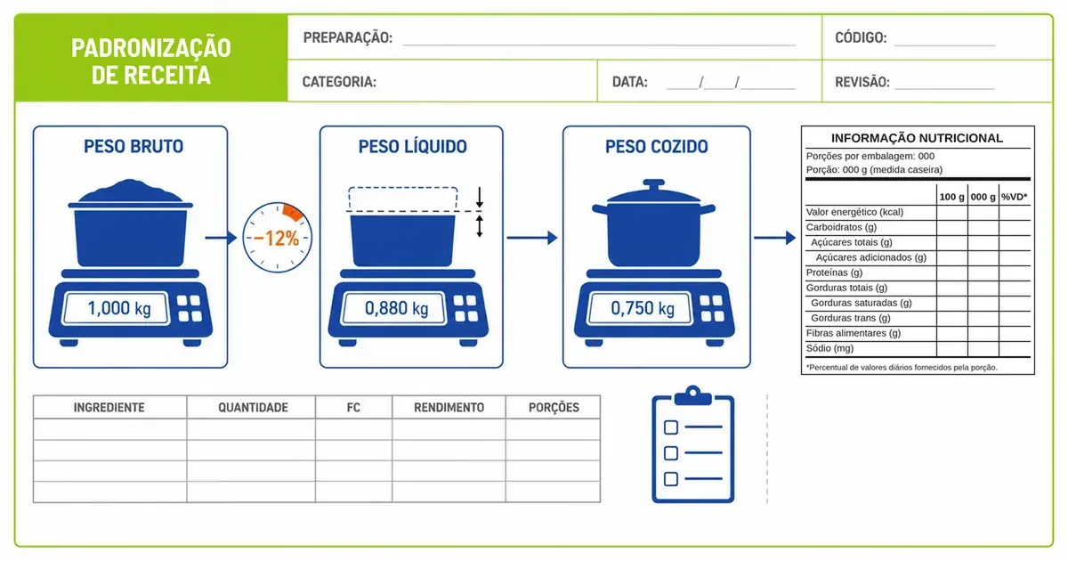 Ficha técnica em branco com o cabeçalho verde Padronização de receita e os campos Preparação, Código, Categoria, Data e Revisão; três balanças sob os títulos Peso bruto, Peso líquido e Peso cozido marcam 1,000 kg, 0,880 kg e 0,750 kg, com um mostrador de −12% entre as duas primeiras e uma seta para a tabela de Informação nutricional em branco; embaixo, a tabela de ingredientes com as colunas Ingrediente, Quantidade, FC, Rendimento e Porções e uma prancheta com caixas vazias