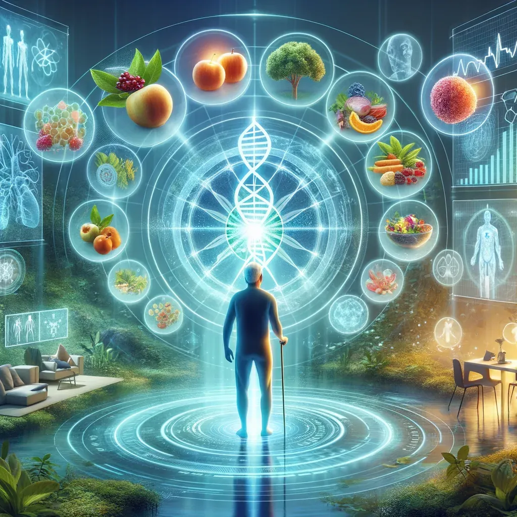 Ilustração de um homem idoso de bengala, de costas, de pé sobre anéis de luz na água, diante de uma dupla hélice de DNA luminosa, cercada de bolhas com frutas, verduras e outros alimentos, entre painéis holográficos com silhuetas do corpo humano e gráficos