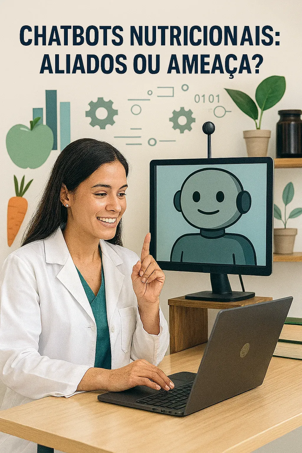 Nutricionista ao computador conversa com um assistente virtual na tela, com o título Chatbots nutricionais: aliados ou ameaça?