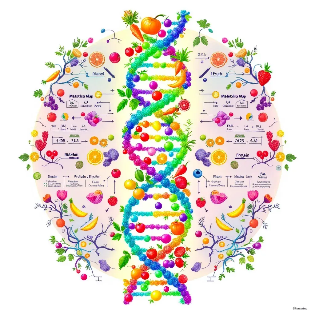 Ilustração de uma dupla hélice de DNA formada por contas coloridas, frutas, hortaliças e folhas, ladeada por galhos com frutas e por esquemas com setas e rótulos em pseudoinglês, quase todos ilegíveis, entre os quais se leem Fruit e Protein