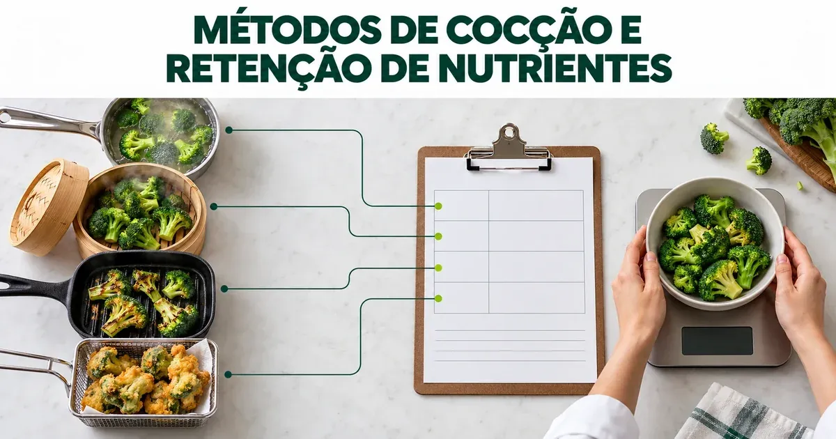 Brócolis preparado de quatro formas, na água, no vapor, na grelha e frito, ligado por linhas a uma ficha técnica em branco numa prancheta, ao lado de mãos que pesam uma tigela de brócolis cozido numa balança de visor apagado, sob o título "Métodos de cocção e retenção de nutrientes"