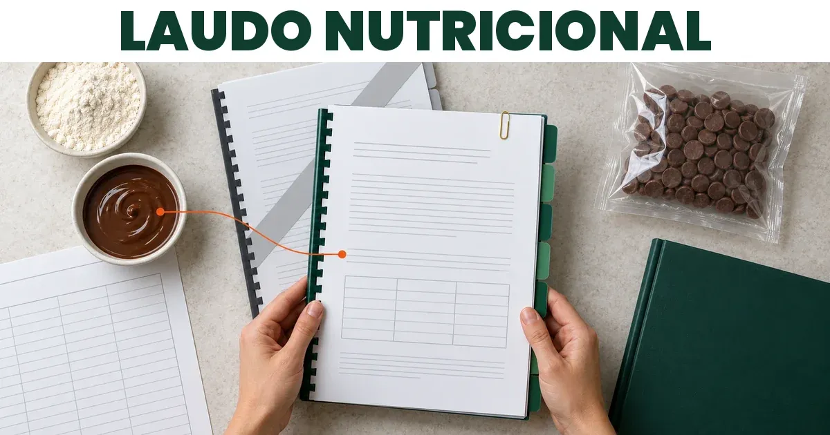 Mãos segurando um documento técnico encadernado, com abas verdes, linhas cinza e uma tabela vazia, preso por um clipe dourado, à frente de uma versão anterior mais pálida, cruzada por uma faixa cinza; ao lado, tigelas de farinha e de cobertura de chocolate ligadas ao documento novo por uma linha laranja, uma planilha em branco, um saco de gotas de chocolate e uma pasta verde fechada, sob o título "Laudo nutricional"