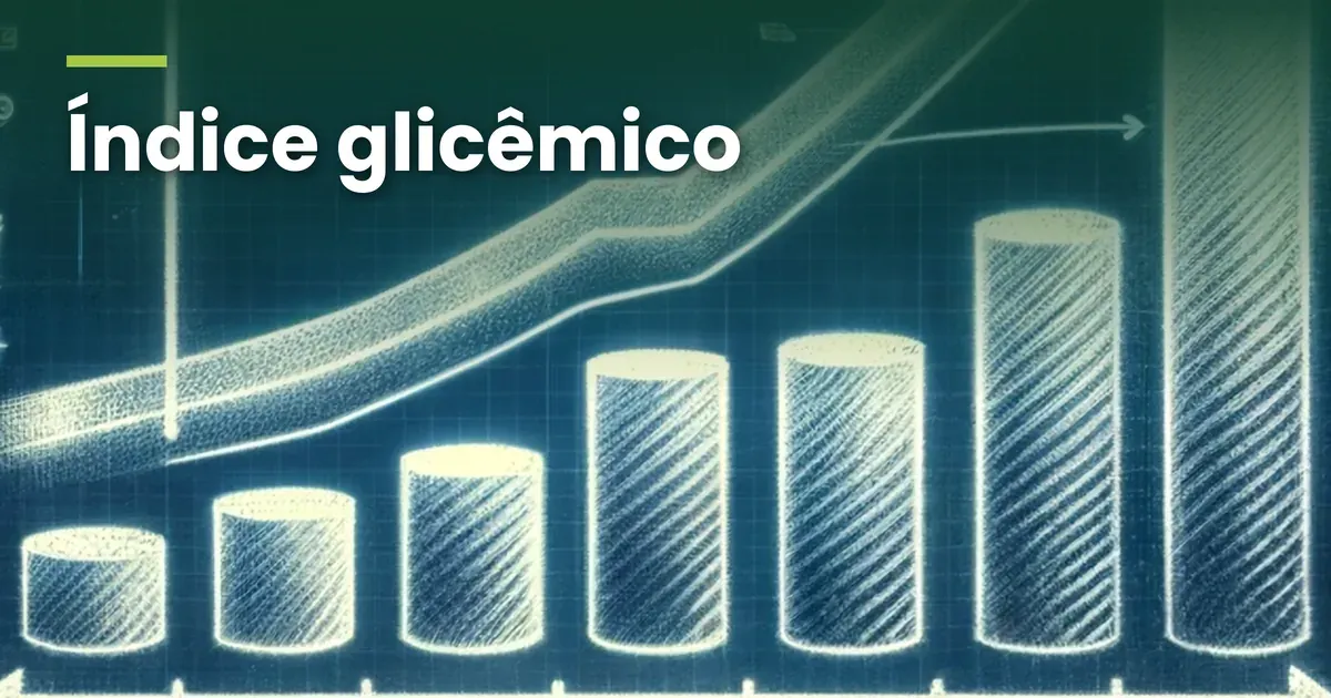 Ilustração em tons de azul, em traço de giz sobre papel quadriculado: sete colunas cilíndricas hachuradas que crescem da esquerda para a direita, a última saindo pela borda de cima, sobre uma linha de base com pequenas marcas sem números; uma faixa larga e luminosa sobe por cima das colunas até sair pelo alto, à direita, e uma seta fina aponta para a coluna mais alta, com o título Índice glicêmico no alto, em letras brancas sobre um degradê verde