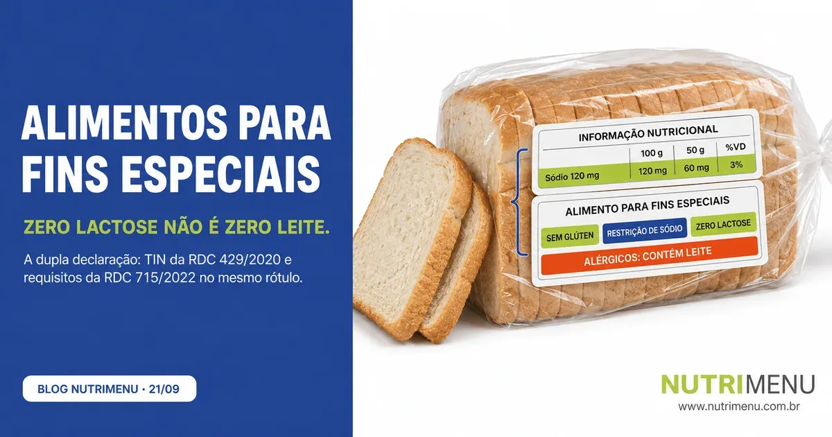 Pão de forma na embalagem, com tabela nutricional e selos, e o título Alimentos para fins especiais