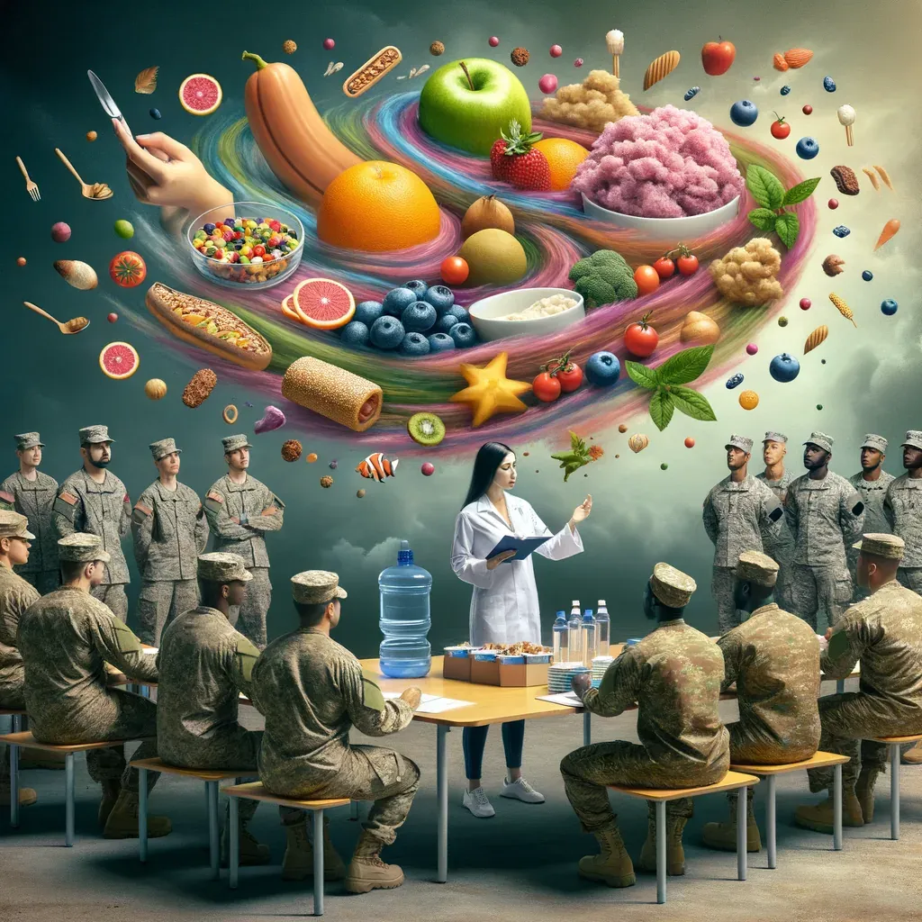 Ilustração: soldados sentados a uma mesa ouvem uma nutricionista de jaleco, sob um redemoinho de alimentos