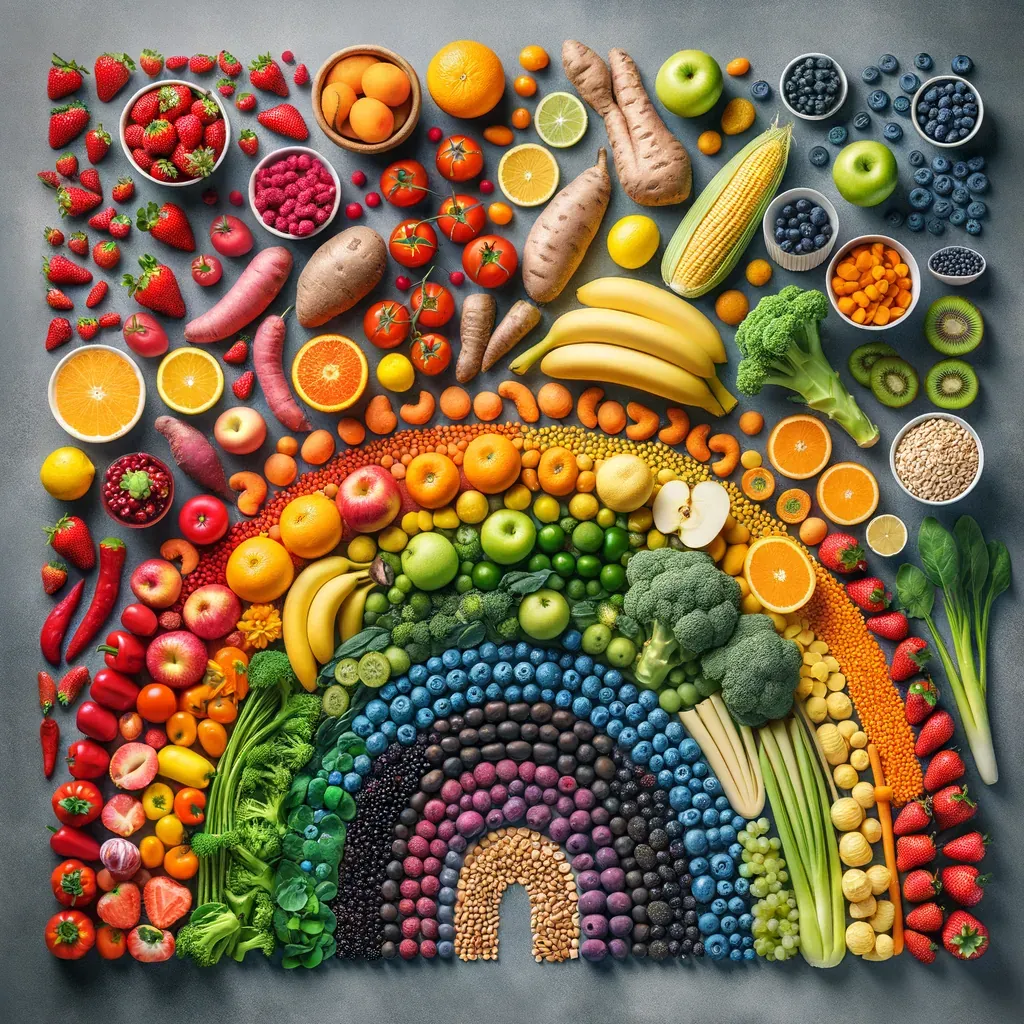 Frutas, hortaliças, grãos e leguminosas arrumados por cor sobre um fundo cinza, num arco-íris de vermelho, laranja, amarelo, verde, azul e roxo, cercado de morangos, tomates, pimentões, laranjas cortadas, batatas-doces, bananas, milho, brócolis, kiwis e tigelas de mirtilos