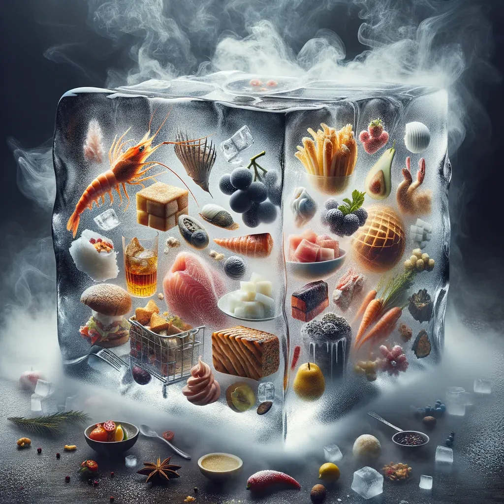 Ilustração de um bloco de gelo com vários alimentos congelados dentro, envolto em névoa