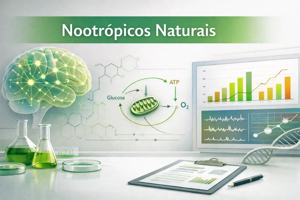 Ilustração de um cérebro, vidrarias e gráficos, com o título Nootrópicos naturais