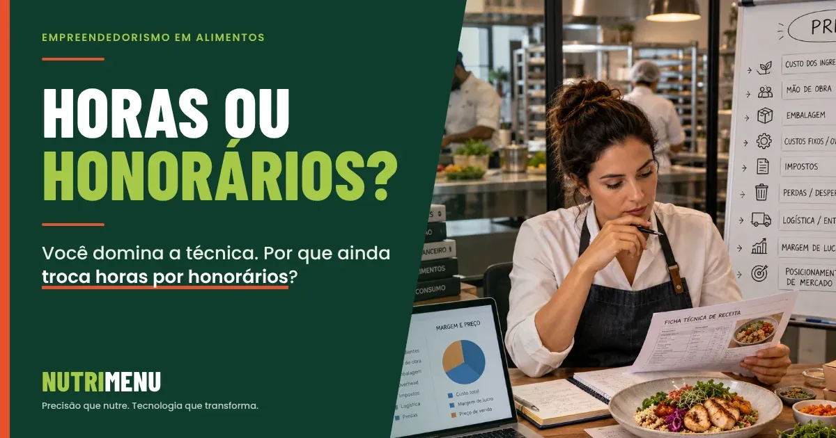 Capa em verde-escuro com a marca Nutrimenu e o título Horas ou honorários?: Você domina a técnica. Por que ainda troca horas por honorários?. À direita, a fotografia de uma profissional de alimentos que analisa a ficha técnica de uma receita numa mesa de trabalho, com notebook e um prato, diante de um quadro com os itens que compõem o preço, numa cozinha profissional