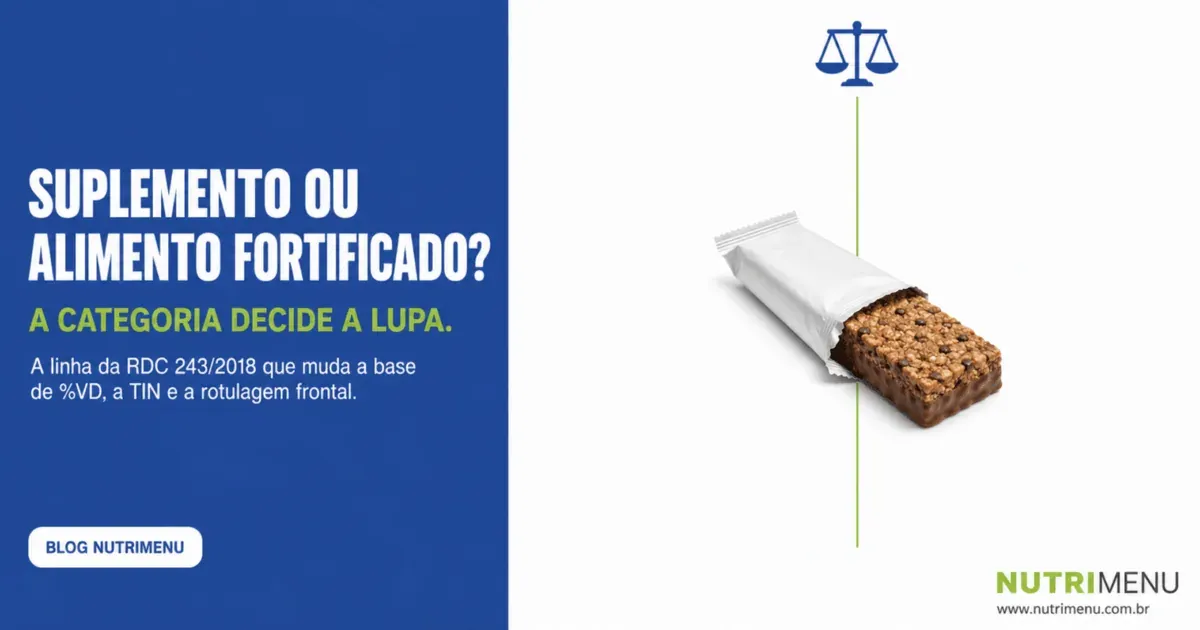 Capa dividida: à esquerda, um painel azul com o título Suplemento ou alimento fortificado?, a chamada A categoria decide a lupa., a frase A linha da RDC 243/2018 que muda a base de %VD, a TIN e a rotulagem frontal. e a etiqueta Blog Nutrimenu; à direita, sobre fundo branco, uma balança no alto e, abaixo dela, uma linha verde vertical que passa por trás de uma barra com gotas escuras, meio fora da embalagem branca aberta; no canto, a marca Nutrimenu e www.nutrimenu.com.br