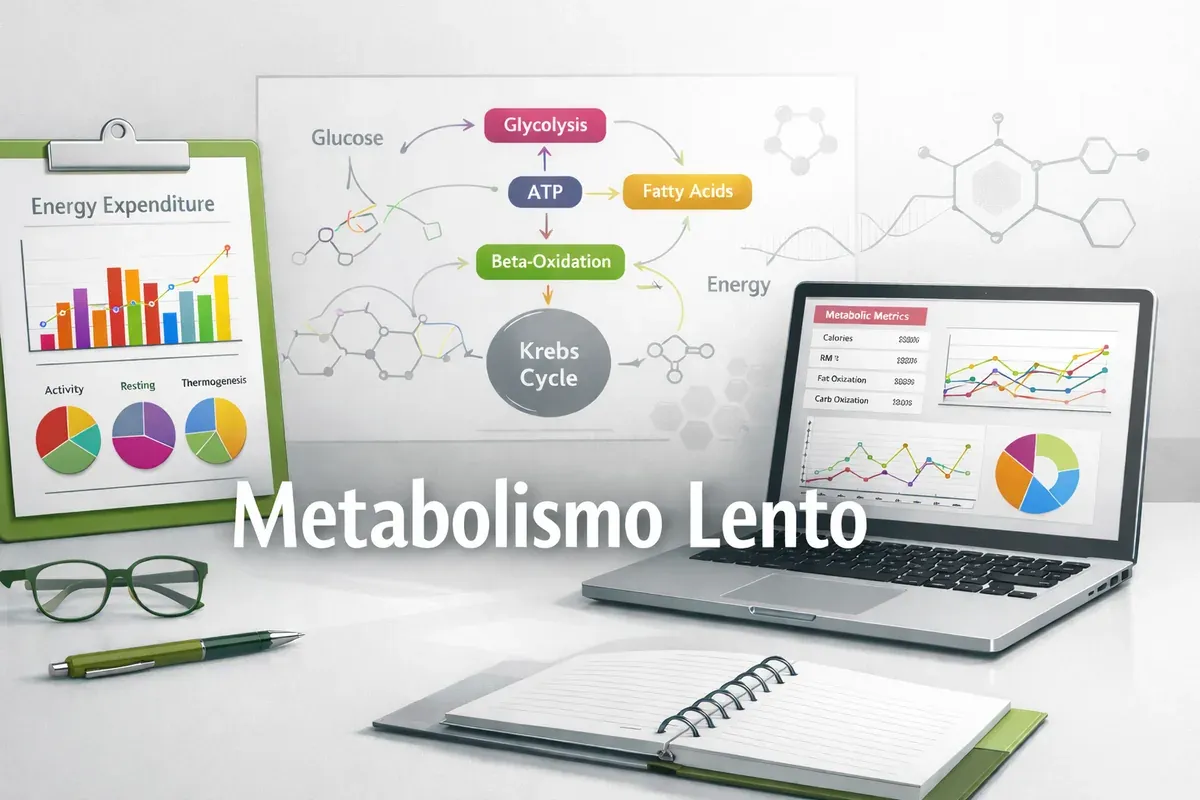 Mesa com gráficos de gasto energético e um esquema de vias metabólicas, com o título Metabolismo lento