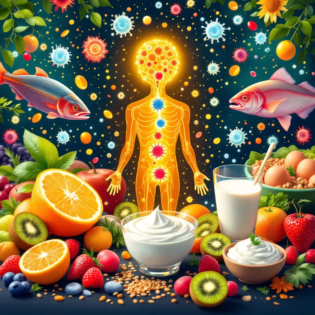 Ilustração de uma figura humana luminosa, com pontos coloridos pelo corpo, cercada de partículas em forma de vírus e de células de defesa, entre dois peixes, acima de laranjas e kiwis cortados, morangos, mirtilos, uvas, maçã, sementes espalhadas, um copo de leite, tigelas de iogurte e uma tigela com ovos e castanhas