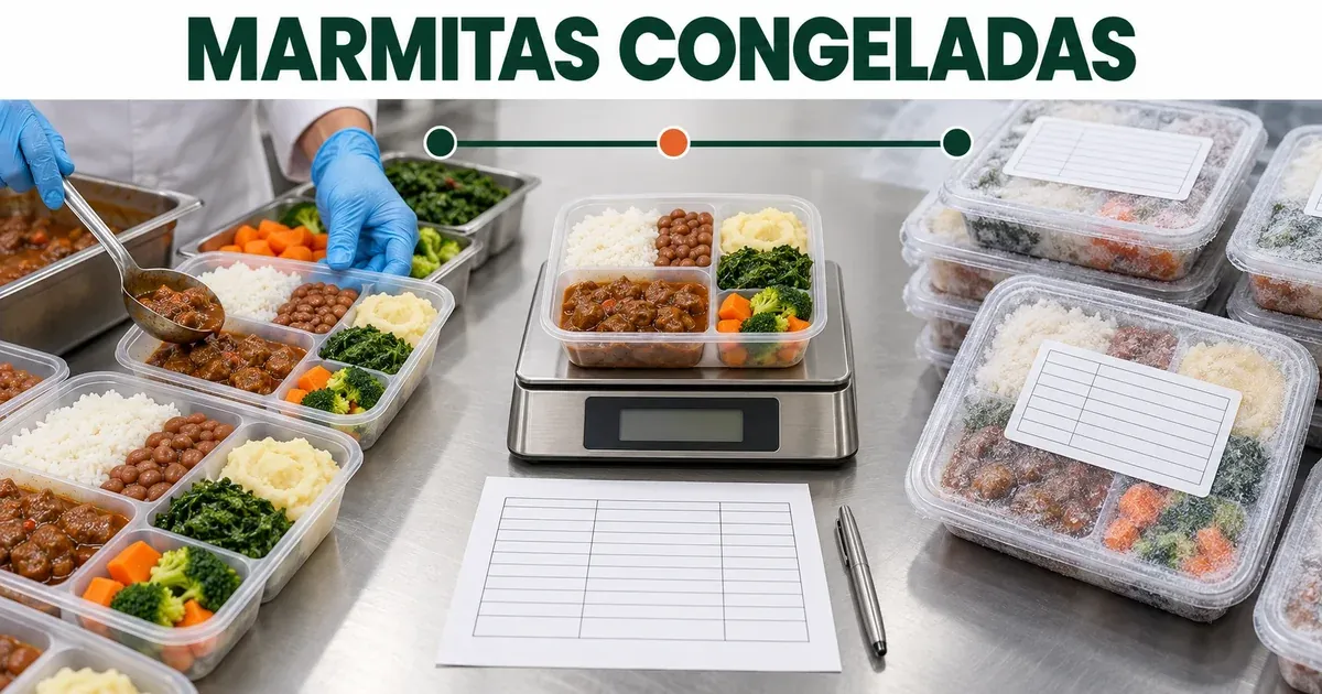 Mãos de luva porcionando arroz, feijão, purê, couve, cenoura, brócolis e carne ao molho em marmitas de compartimentos; ao centro, uma marmita numa balança de visor apagado ao lado de uma ficha técnica em branco; à direita, marmitas tampadas e congeladas com etiquetas em branco; uma linha de três pontos liga as etapas, sob o título "Marmitas congeladas"