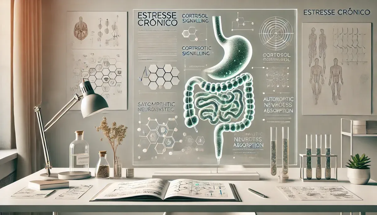Laboratório com a ilustração de um sistema digestivo e esquemas sobre estresse crônico, com o título Estresse crónico