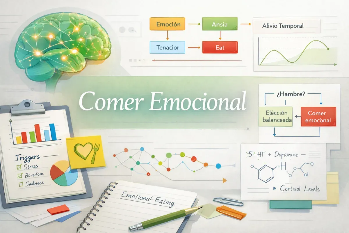 Ilustração de um cérebro verde com pontos de luz, fluxogramas em espanhol e inglês (Emoción, Ansia, Alivio Temporal, Tenacior, Eat; ¿Hambre?, Elección balanceada, Comer emoconal), uma prancheta com gráficos e a lista Triggers, Stress, Boredom, Sadness, um bilhete com coração e garfo, um esquema que imita uma fórmula química com 5-HT + Dopamine e Cortisol Levels e um caderno com Emotional Eating, com o título Comer Emocional