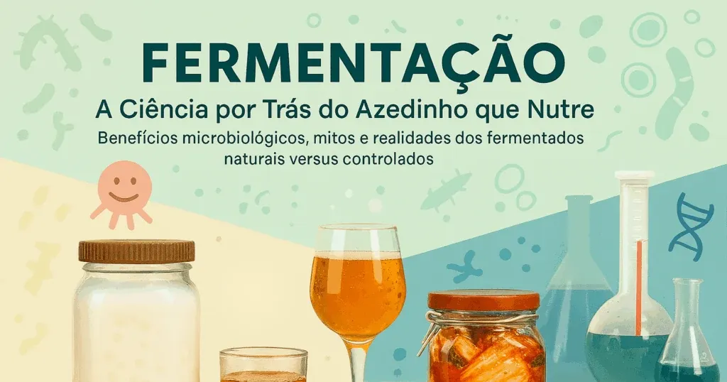 Potes e copos de alimentos e bebidas fermentados ao lado de vidraria de laboratório, sob o título "Fermentação: a ciência por trás do azedinho que nutre" e o subtítulo "Benefícios microbiológicos, mitos e realidades dos fermentados naturais versus controlados"