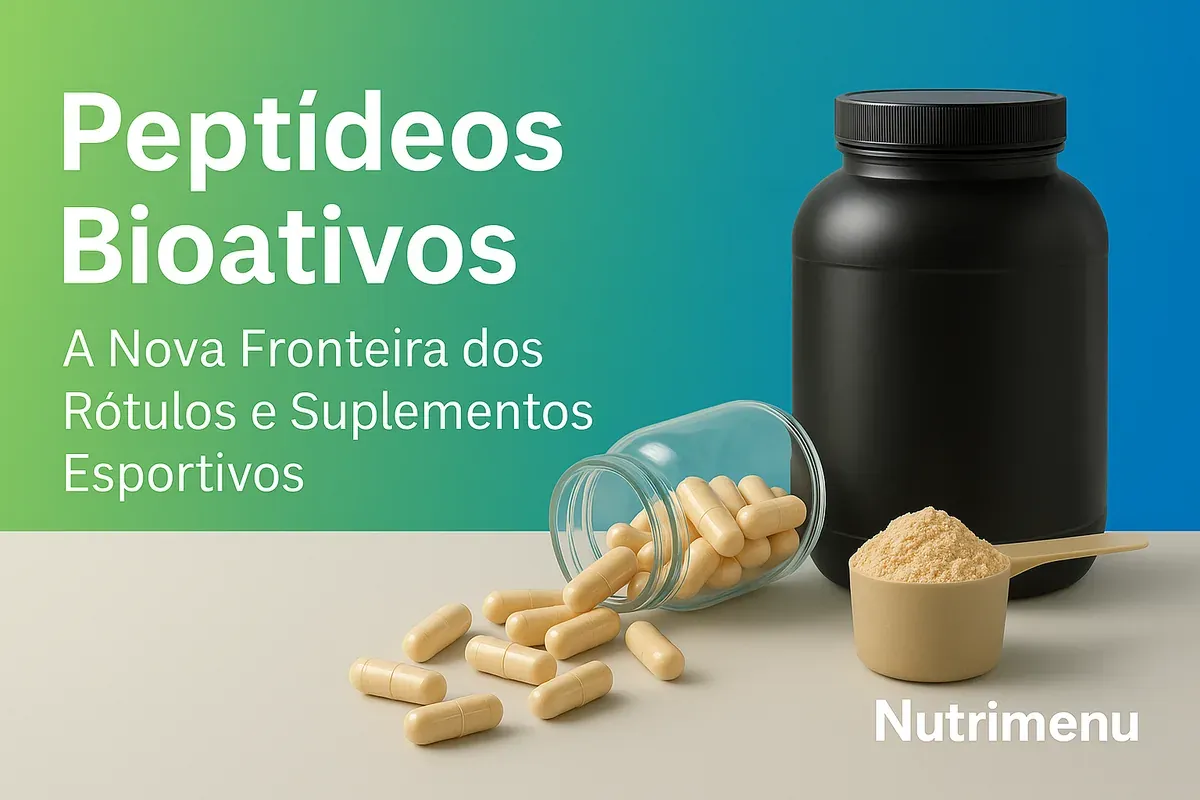 Pote de suplemento, cápsulas e uma medida de pó, com o título Peptídeos bioativos: a nova fronteira dos rótulos e suplementos esportivos