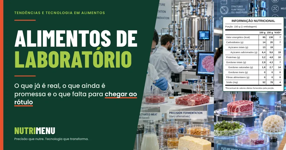 Capa em verde-escuro com a marca Nutrimenu e o título Alimentos de laboratório: O que já é real, o que ainda é promessa e o que falta para chegar ao rótulo. À direita, a fotografia de um laboratório de alimentos com biorreatores, cientistas, amostras de carne cultivada, laticínios de fermentação de precisão e uma peça impressa em 3D, e uma tabela de informação nutricional com valores fictícios, do exemplo de iogurte em embalagem individual de 150 g