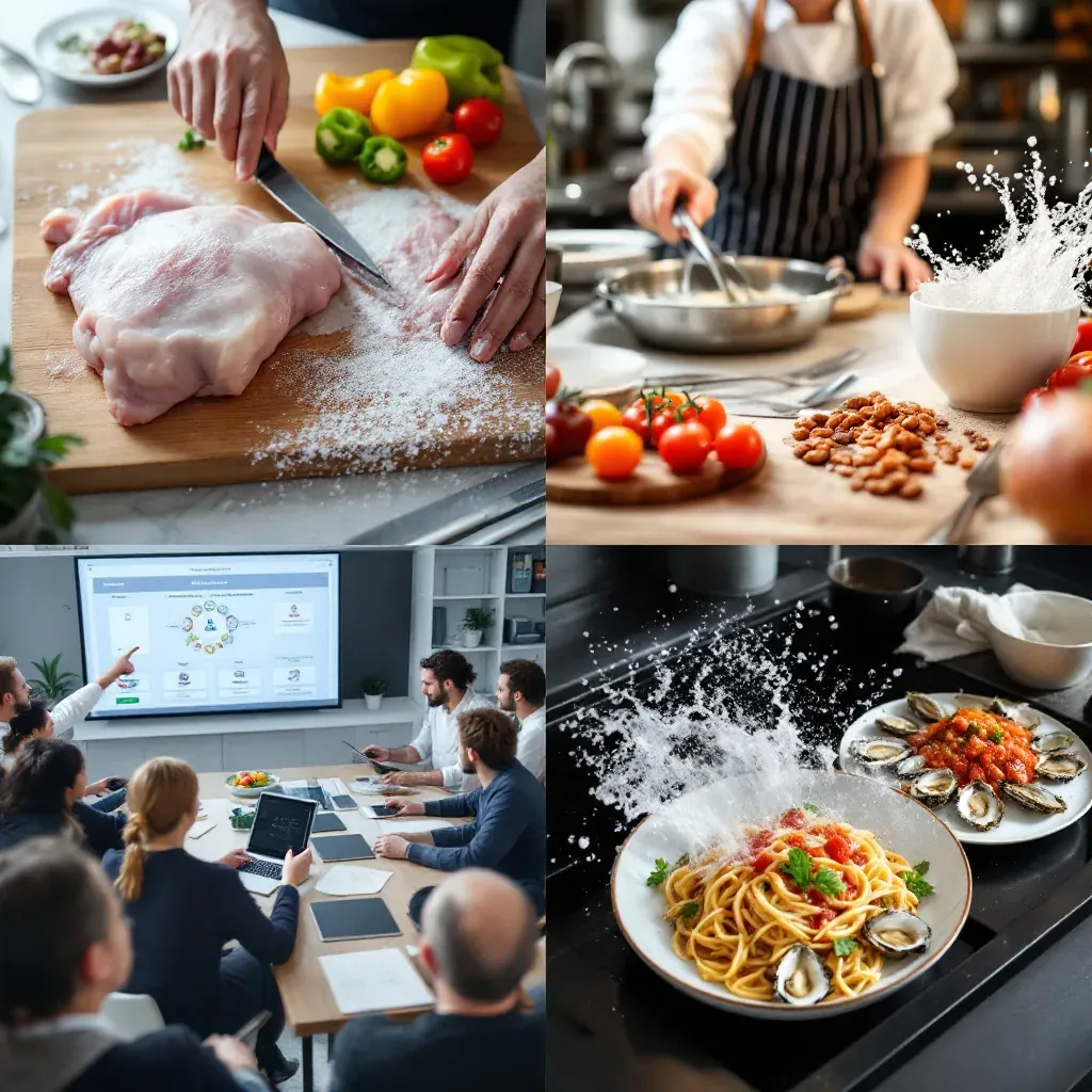 Duas cenas de cozinha lado a lado: à esquerda, uma mão com uma faca e outra apoiada numa tábua de madeira com um pedaço de carne crua rosada e cristais brancos espalhados, e pimentões amarelos e verdes cortados e tomates-cereja na mesma tábua; à direita, uma pessoa de branco e avental listrado mexe uma panela rasa de inox enquanto um jato branco espirra de dentro de uma tigela branca, ao lado de tomates-cereja numa tábua redonda e de um montinho de grãos torrados avermelhados na bancada