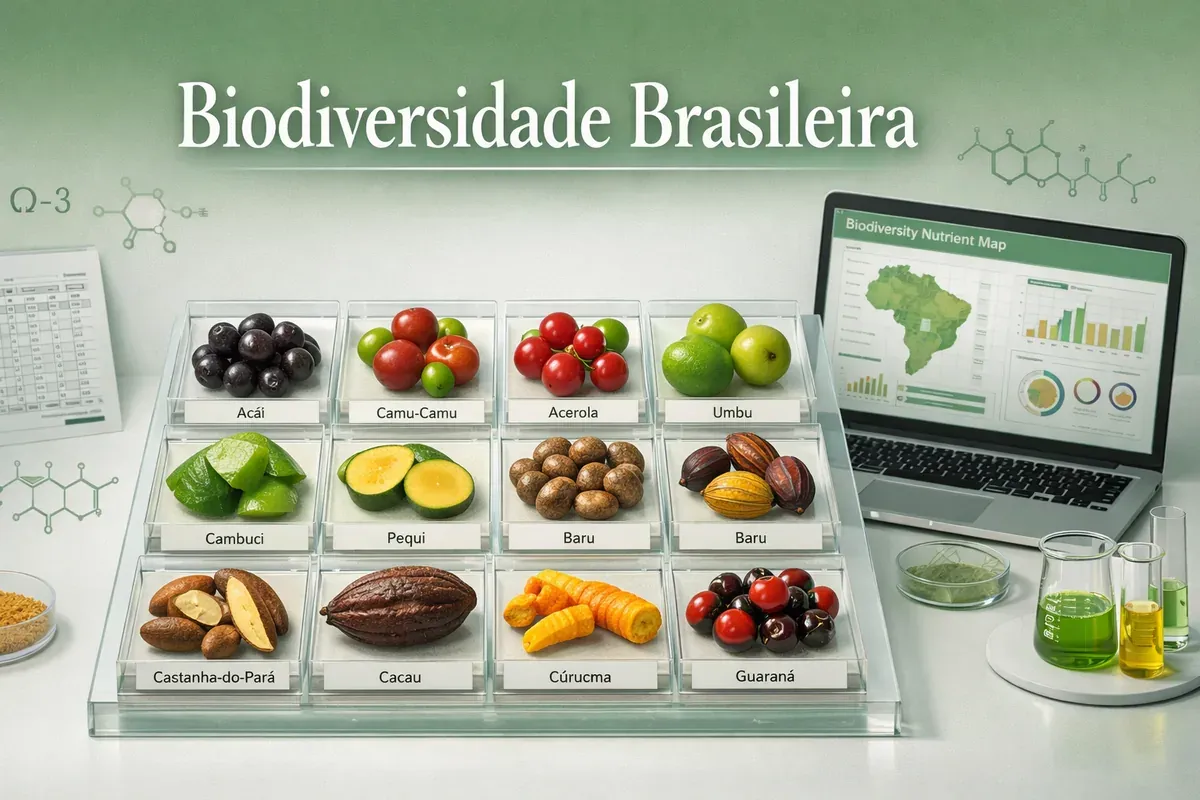 Bandeja com frutos brasileiros identificados, como açaí, camu-camu, acerola, pequi, baru e cacau, com o título Biodiversidade brasileira