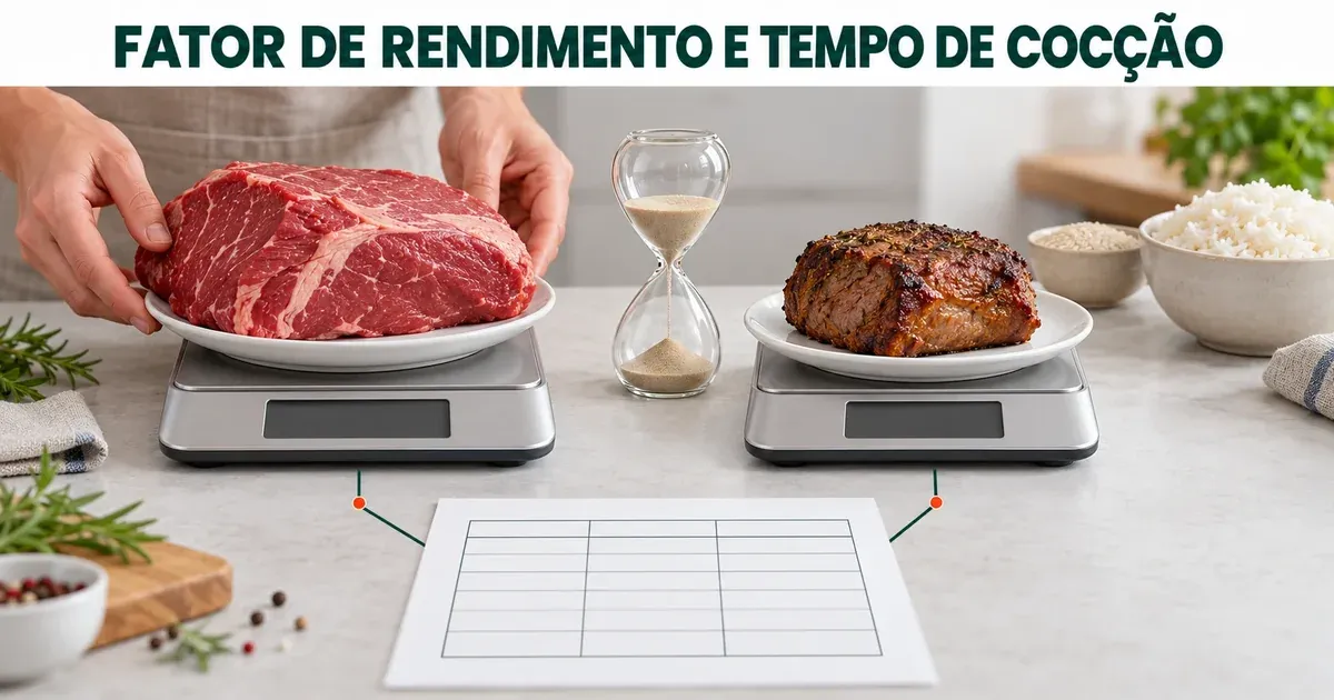 Mãos apoiando uma peça de carne crua num prato sobre uma balança de visor apagado, ao lado de uma ampulheta e da peça temperada e assada, menor, em outra balança igual; linhas finas ligam as duas balanças a uma folha com uma tabela em branco, e ao fundo há uma tigela pequena de arroz cru e outra maior de arroz cozido, sob o título "Fator de rendimento e tempo de cocção"