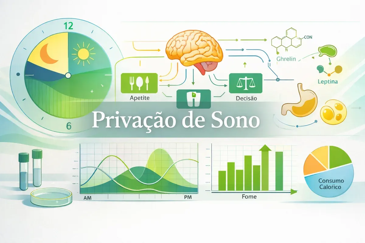Infográfico com relógio de dia e noite, cérebro, grelina e leptina, com o título Privação de sono