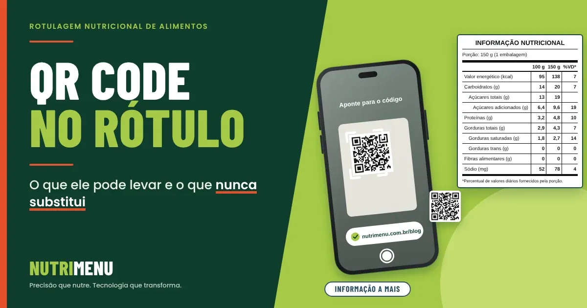 Capa em verde-escuro e verde-limão com a marca Nutrimenu e o título QR code no rótulo: O que ele pode levar e o que nunca substitui. À direita, um celular com a câmera aberta enquadrando um código QR, que leva a nutrimenu.com.br/blog, e uma tabela de informação nutricional com valores fictícios, do exemplo de iogurte em embalagem individual de 150 g, com o mesmo código QR impresso ao lado