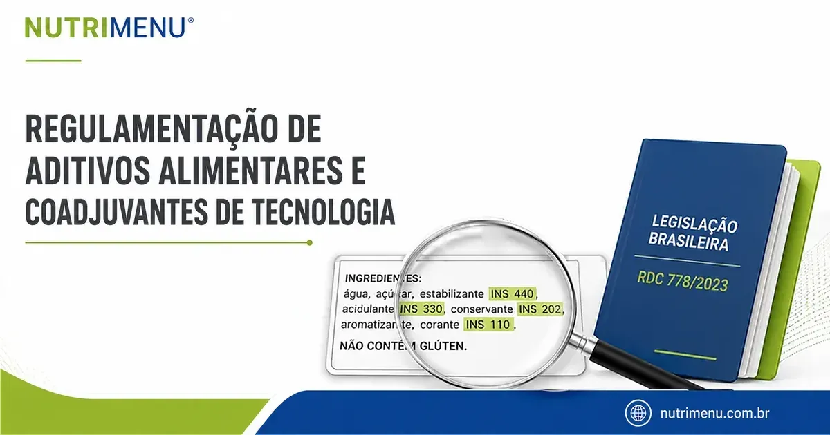 Rótulo com a lista de ingredientes sob uma lupa (água, açúcar, estabilizante INS 440, acidulante INS 330, conservante INS 202, aromatizante, corante INS 110; NÃO CONTÉM GLÚTEN), com os números INS marcados em verde, ao lado de um livro azul com Legislação brasileira e RDC 778/2023, e o título Regulamentação de aditivos alimentares e coadjuvantes de tecnologia