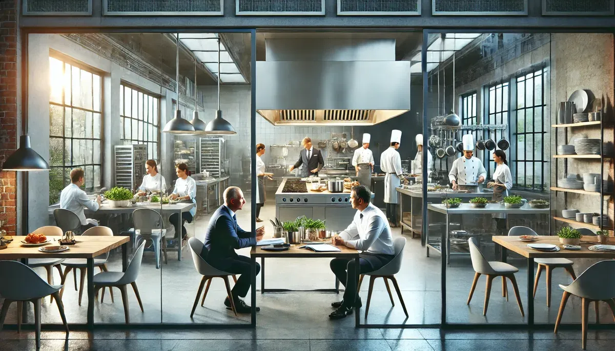 Salão de restaurante separado da cozinha por painéis de vidro: em primeiro plano, um homem de terno azul-marinho e outro de camisa branca e gravata conversam a uma mesa com papéis e uma pasta aberta; ao fundo, cozinheiros de dólmã e touca trabalham em volta do fogão, sob uma coifa de inox, e dos lados há mesas de madeira, três pessoas sentadas a uma mesa, prateleiras com louça e janelões