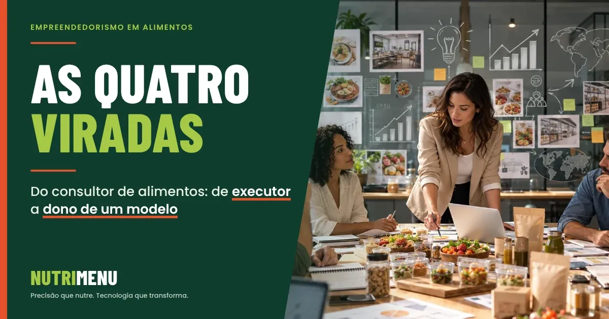 Capa em verde-escuro com a marca Nutrimenu e o título As quatro viradas: Do consultor de alimentos: de executor a dono de um modelo. À direita, a fotografia de uma consultora que apresenta um plano a uma equipe numa mesa com amostras de alimentos e embalagens, diante de um painel com gráficos, fotos de pratos e anotações