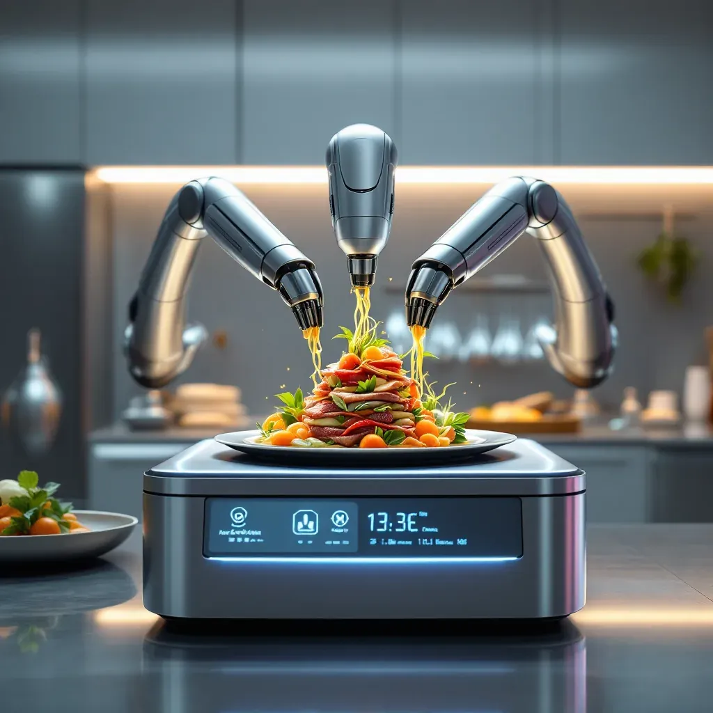Ilustração de uma impressora 3D de alimentos montando um prato com três bicos robóticos
