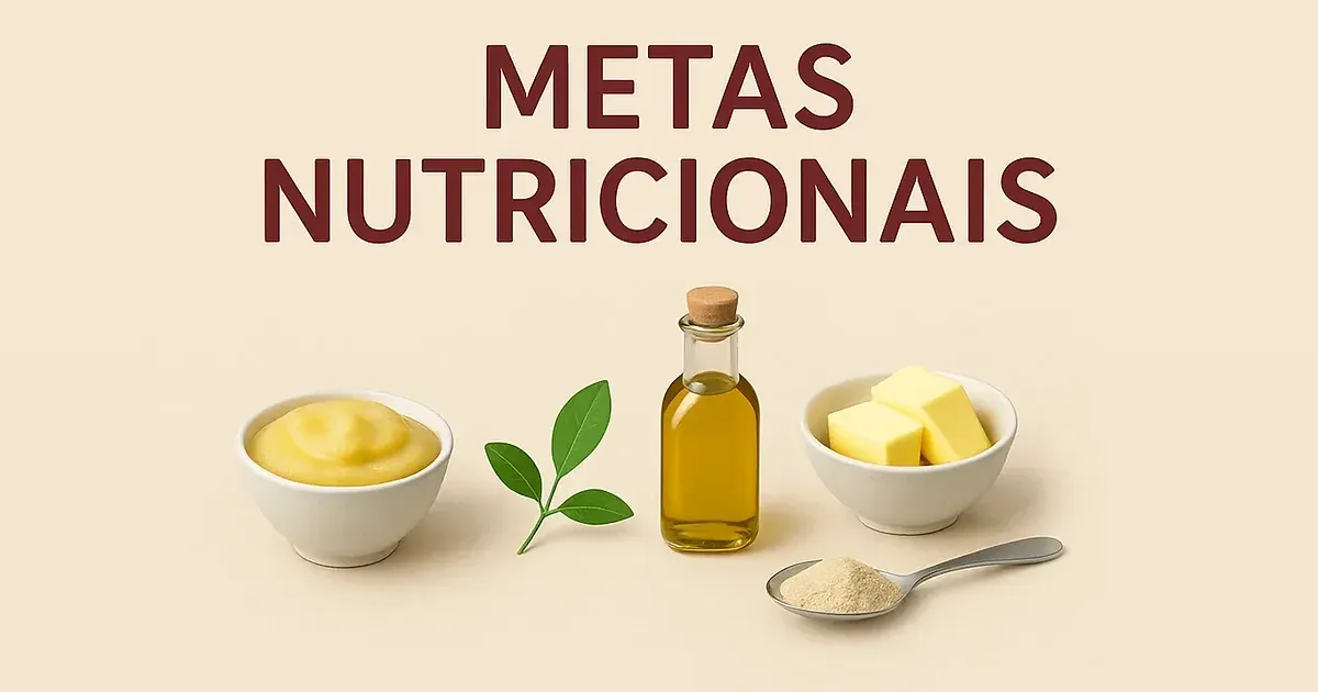 Fundo creme com uma tigela de purê, um ramo de folhas verdes, uma garrafa de azeite com rolha, uma tigela com cubos de manteiga e uma colher com pó, sob o título Metas nutricionais