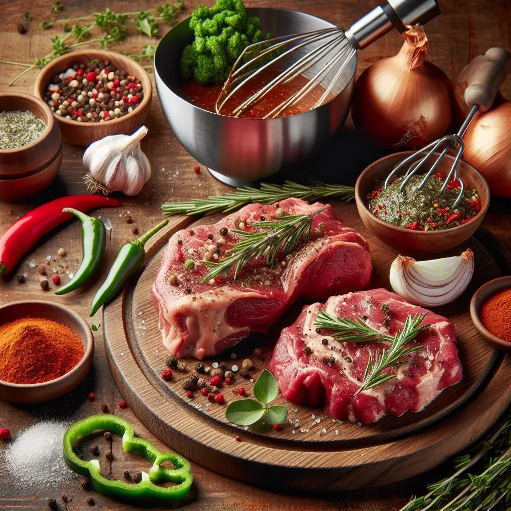 Bifes crus com alecrim sobre uma tábua, cercados de temperos, alho, cebola, pimentas e uma tigela de marinada