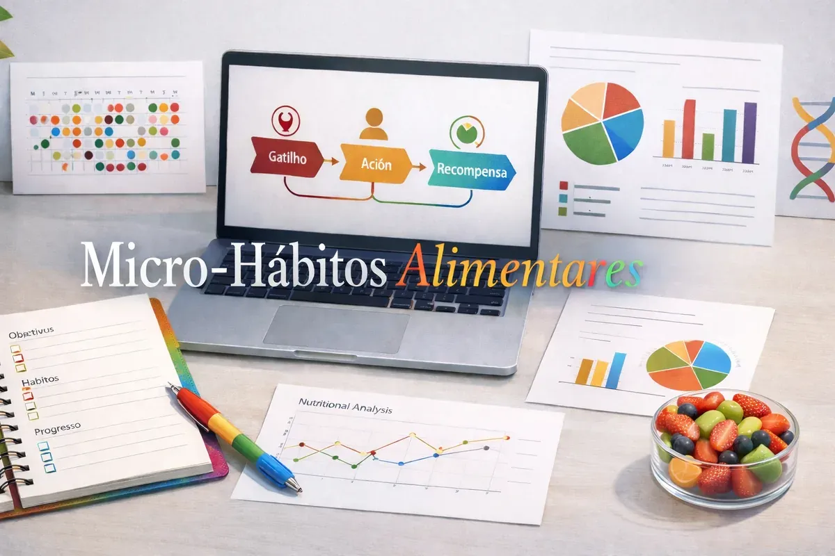 Notebook com o ciclo Gatilho, Ación, Recompensa, gráficos e frutas, com o título Micro-hábitos alimentares