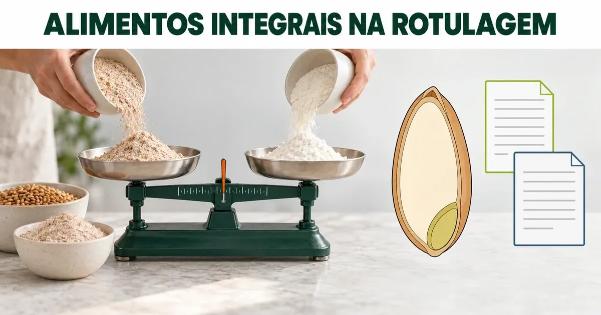 Mãos despejando farinha de trigo integral num prato e farinha de trigo refinada no outro de uma balança de dois pratos, durante a pesagem, ao lado de tigelas com grãos de trigo e farinha integral, de um grão de trigo em corte com farelo, endosperma e gérmen e de duas folhas em branco, sob o título "Alimentos integrais na rotulagem"