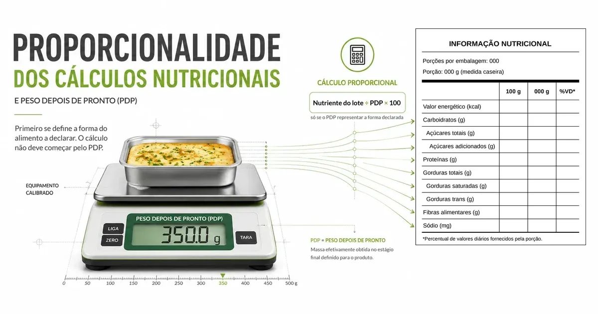 Uma assadeira de inox com um assado dourado salpicado de ervas sobre uma balança digital com o visor em 350.0 g; linhas verdes saem da balança para uma tabela de informação nutricional em branco, ao lado da fórmula "Nutriente do lote ÷ PDP × 100", com "só se o PDP representar a forma declarada" logo abaixo, sob o título "Proporcionalidade dos cálculos nutricionais e Peso Depois de Pronto (PDP)"