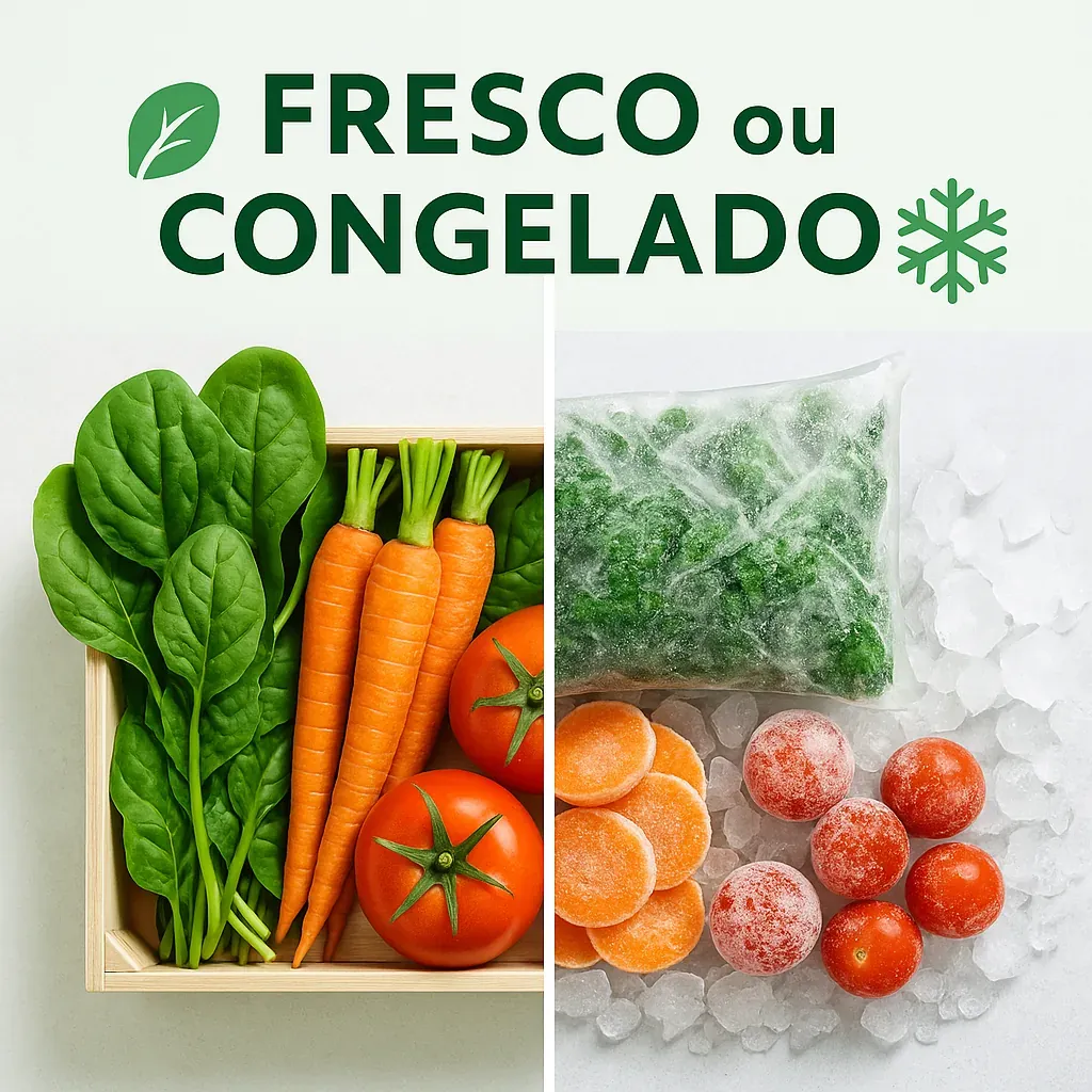 Hortaliças frescas numa caixa ao lado das mesmas hortaliças congeladas, com o título Fresco ou congelado
