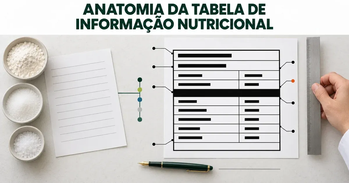 Folha com o contorno de uma tabela em linhas pretas, com traços no lugar do texto, uma barra preta larga e linhas de chamada que terminam em pequenos pontos, ao lado de tigelas de farinha, açúcar e sal, de uma folha de receita em branco ligada a uma coluna de cinco pontos coloridos, de uma mão que segura uma régua de aço e de uma caneta-tinteiro junto a uma linha de assinatura em branco, sob o título "Anatomia da Tabela de Informação Nutricional"