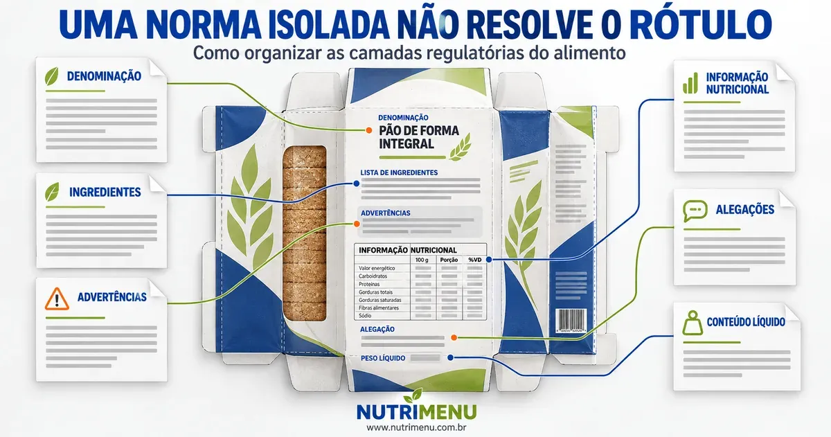 Embalagem aberta de pão de forma com as informações do rótulo destacadas, com o título Uma norma isolada não resolve o rótulo