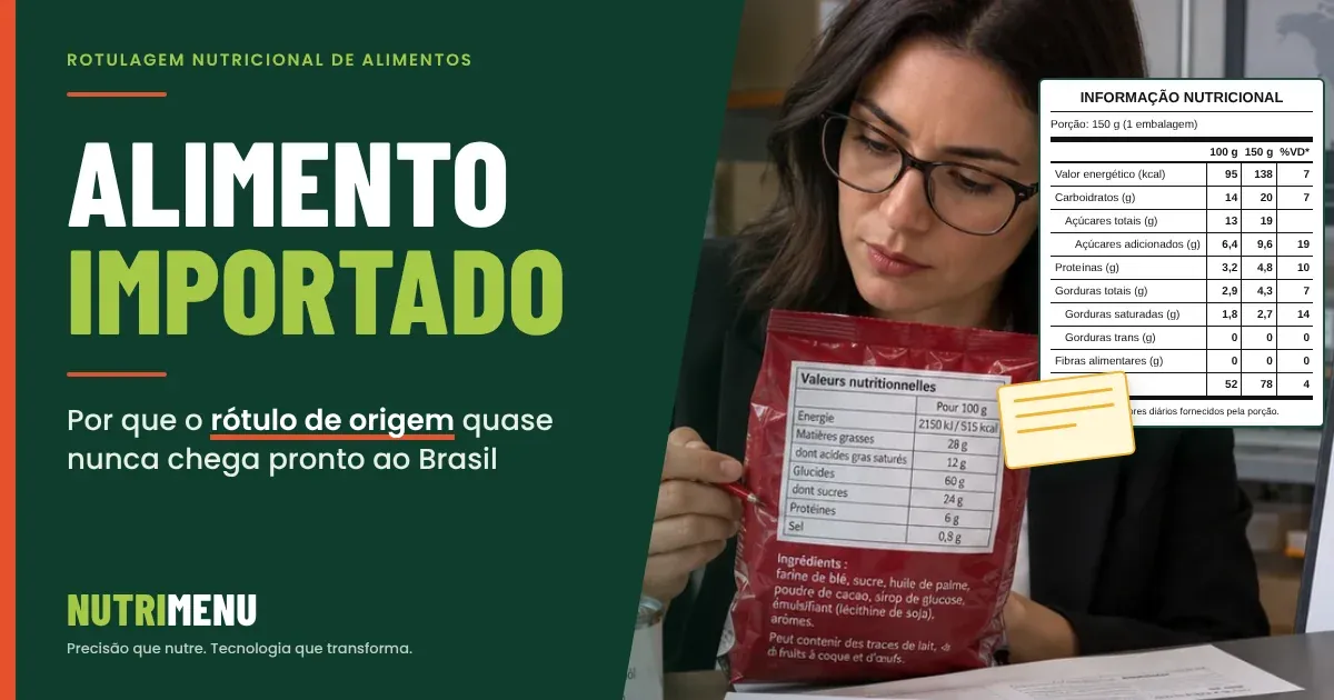 Capa em verde-escuro com a marca Nutrimenu e o título Alimento importado: Por que o rótulo de origem quase nunca chega pronto ao Brasil. À direita, a fotografia de uma profissional que analisa o rótulo em francês de um alimento importado, num depósito de produtos importados, e uma tabela de informação nutricional com valores fictícios, do exemplo de iogurte em embalagem individual de 150 g, com uma etiqueta amarela colada por cima