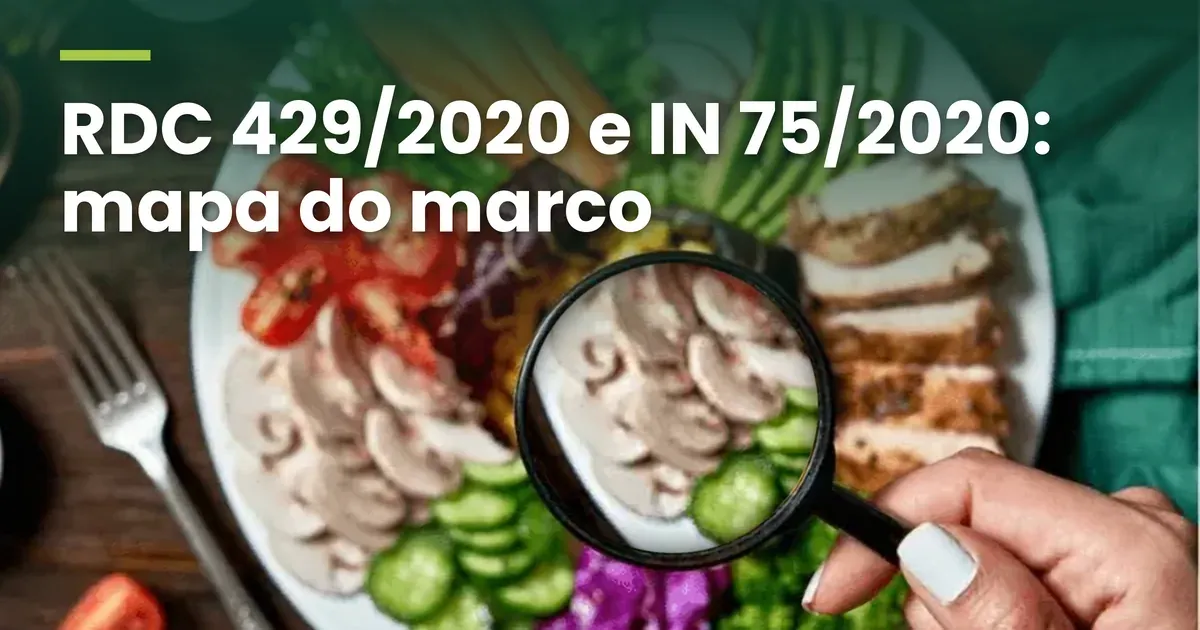 Foto de cima de um prato com tomate, cenoura, beterraba, abacate, frango fatiado, cogumelos, pepino, repolho roxo e brócolis, com um garfo ao lado; uma mão segura uma lupa sobre o centro do prato, e a lente mostra cogumelos e pepino, com o título RDC 429/2020 e IN 75/2020: mapa do marco no alto, em letras brancas sobre um degradê verde