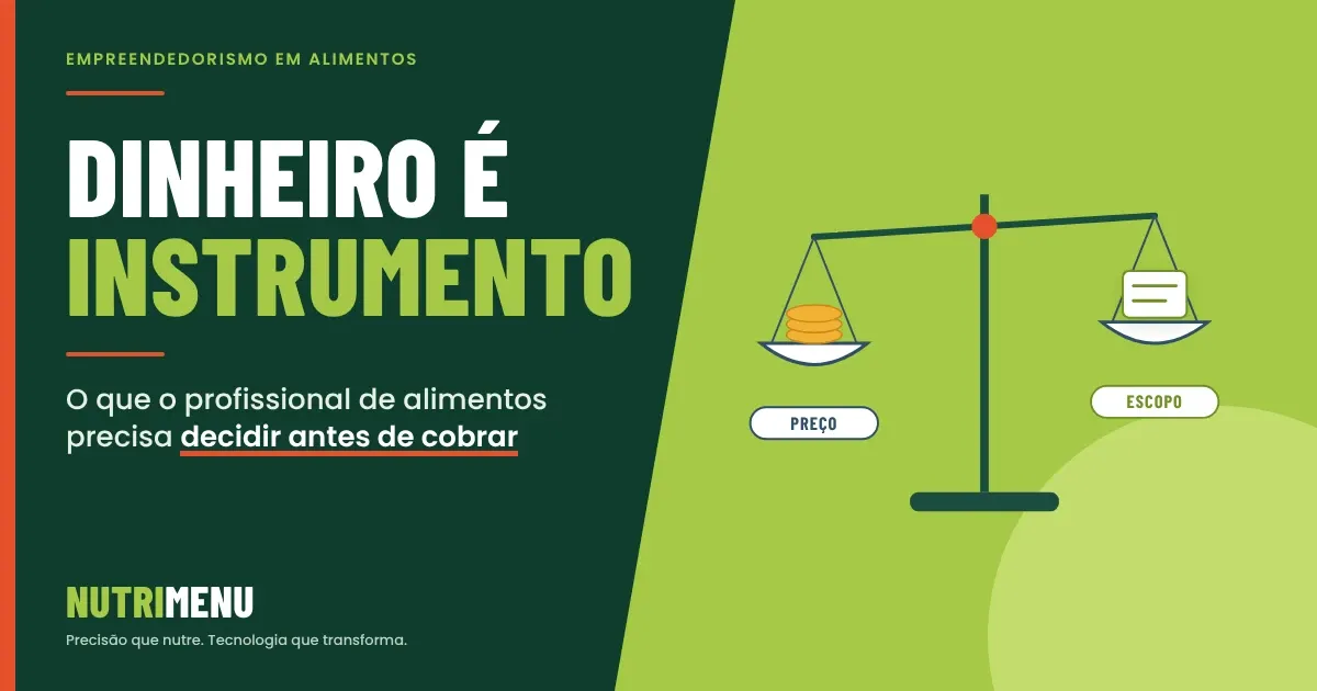 Capa em verde-escuro e verde-limão com a marca Nutrimenu e o título Dinheiro é instrumento: O que o profissional de alimentos precisa decidir antes de cobrar. À direita, uma balança com moedas de um lado, marcado preço, e um documento do outro, marcado escopo