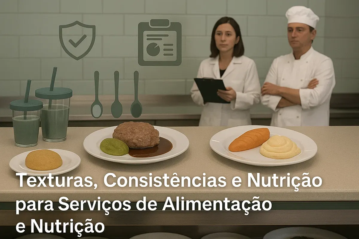 Nutricionista e cozinheiro observam pratos de texturas diferentes, com o título Texturas, consistências e nutrição para serviços de alimentação e nutrição