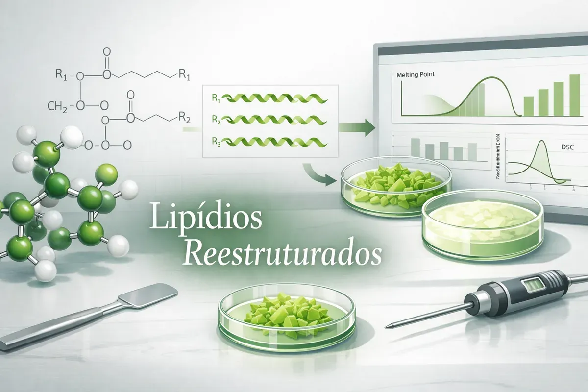 Ilustração de laboratório com um esquema que imita a fórmula de um triglicerídeo, placas de Petri e gráficos, com o título Lipídios reestruturados