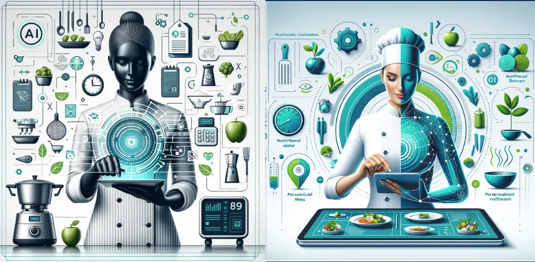 Duas ilustrações lado a lado: à esquerda, uma cozinheira estilizada em preto e cinza, de dólmã, segura uma bandeja diante de um círculo digital luminoso, entre utensílios pendurados, maçãs verdes, brócolis, um relógio, uma panela elétrica e um monitor com o número 89, com um círculo com as letras AI no alto; à direita, uma cozinheira de touca, metade pele e metade malha digital azul-turquesa, toca um tablet acima de uma tela com pratos de salada, entre engrenagens, plantas e legendas em pseudoinglês embaralhado